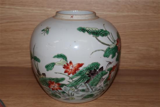 A 19th century Chinese famille verte jar, a shou medallion pot, a damaged teapot and a pedestal dish